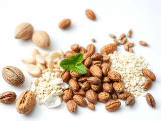 Obraz premium A variety of nuts and seeds are spread out on a white background