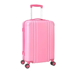 A pink suitcase with a silver handle and black wheels on a black background.