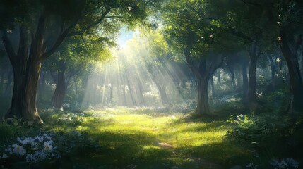 Obraz premium Sunbeams illuminate a lush, green forest path.