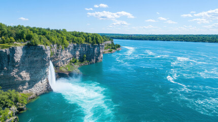 scenic waterfall cascading into vibrant blue river, surrounded by lush greenery and rocky cliffs under clear sky. tranquil beauty of nature is captivating