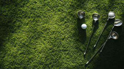Close up of golf clubs and ball on bright green lawn, showcasing equipment ready for game. vibrant grass enhances excitement of sport