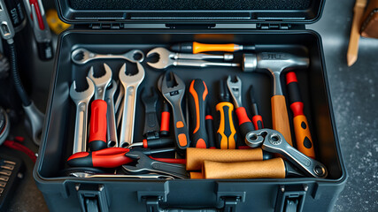 A toolbox full of tools including a hammer, pliers, and wrenches