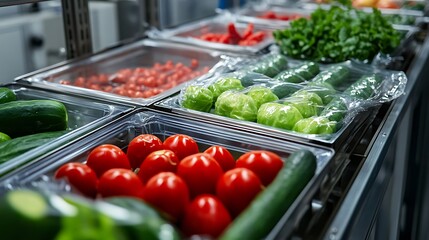Vacuum-sealing technology preserving fresh vegetables in a clean factory setup 