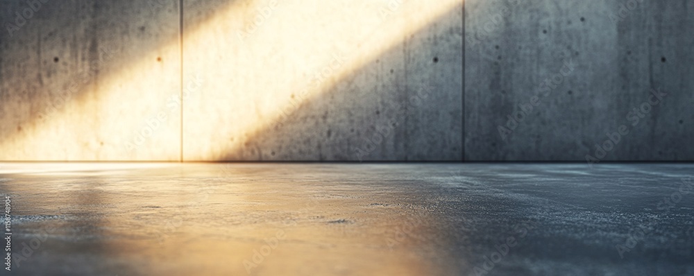 Poster sunlight illuminating empty concrete room with polished floor