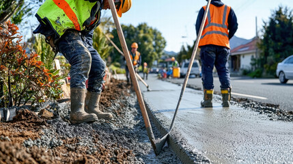 Concrete construction. Construction workers laying concrete on a sidewalk.