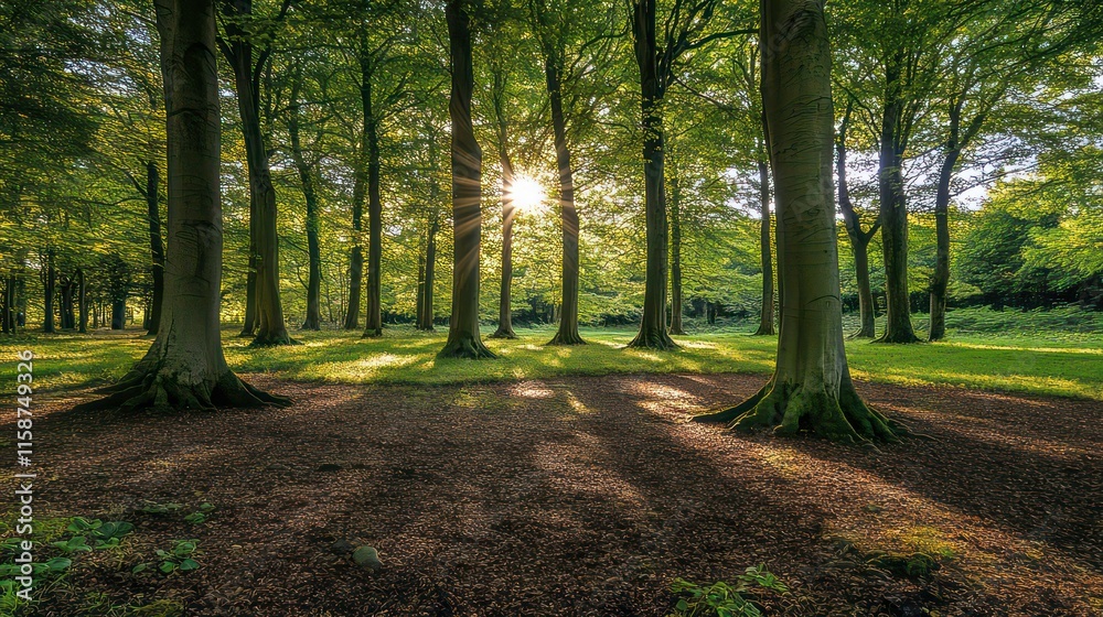 Poster sun shining through lush green forest trees, creating long shadows on the ground.