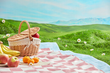 The photograph about a picnic set up on green grass, against on hill sight background. A rattan...
