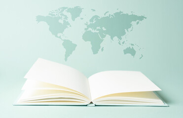Education, knowledge and skill learning with literature, world book day, open book, world map, reading a story