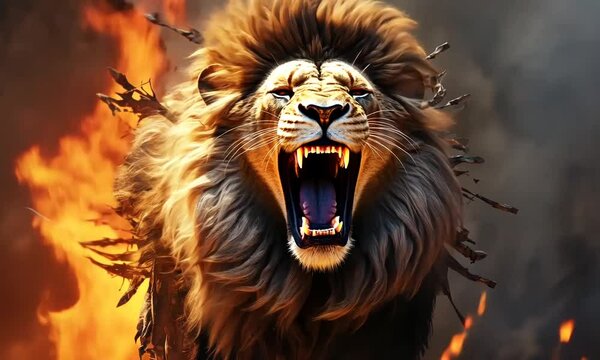 Fierce Lion Roaring in Fiery Glow
