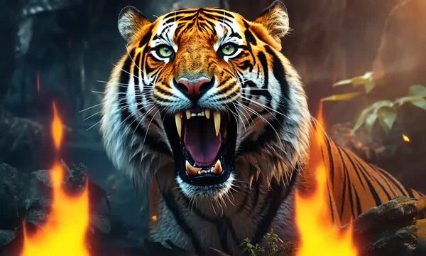 Roaring Tiger Amidst Fiery Jungle Scene
