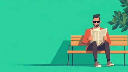Man sitting on a bench in a park reading newspaper while wearing sunglasses on a sunny day