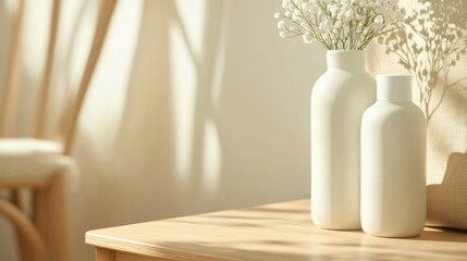 Decorative vases with white flowers on wooden table in a bright room filled with soft sunlight