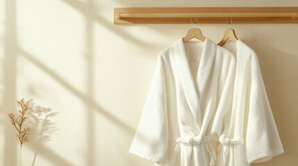 Soft white robes hanging on a wooden rack in a serene light-filled room with gentle shadows in late afternoon