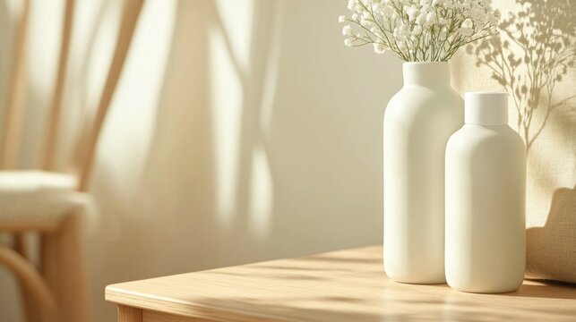 Decorative vases with white flowers on wooden table in a bright room filled with soft sunlight