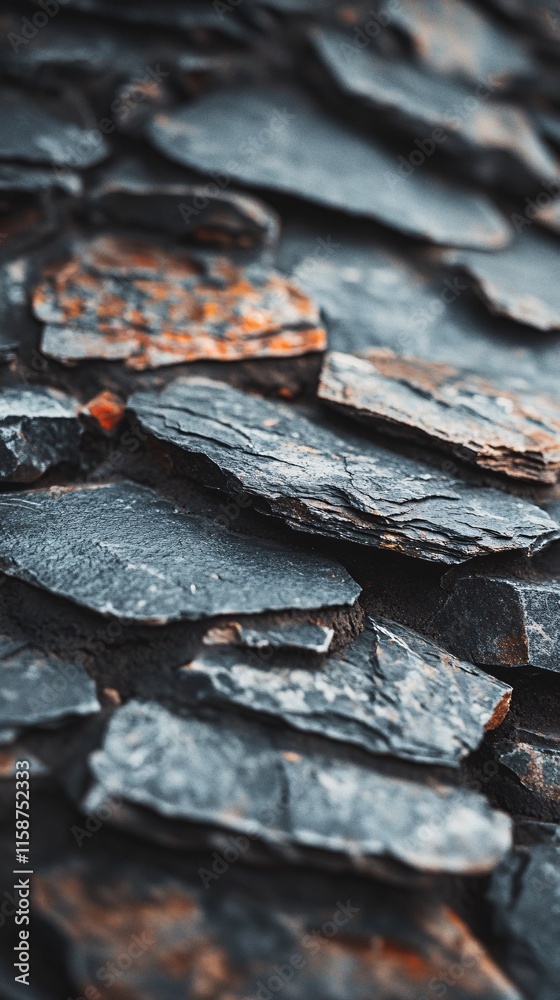 Poster Close-up of overlapping slate tiles creating textured surface on building exterior