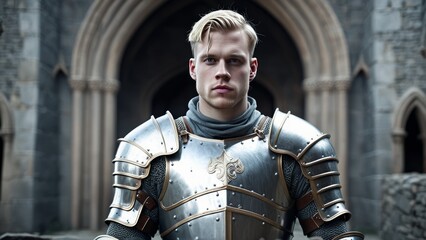 portrait of a young blond man knight in gray armor