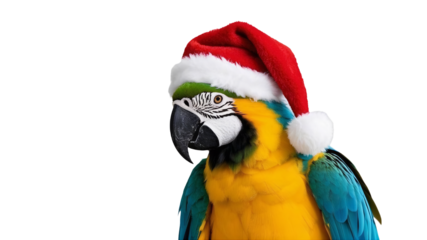 A colorful macaw donning a Santa hat, posing elegantly on a plain white backdrop, radiating holiday cheer.






