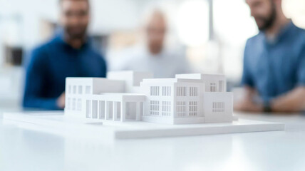 Diverse team of engineers reviewing architectural model in office