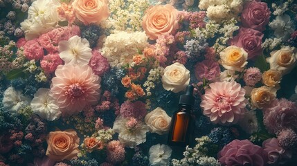 A flat lay of essential oils and beauty products arranged with fresh flowers, 8k, realistic, full ultra HD, high resolution, cinematic photography