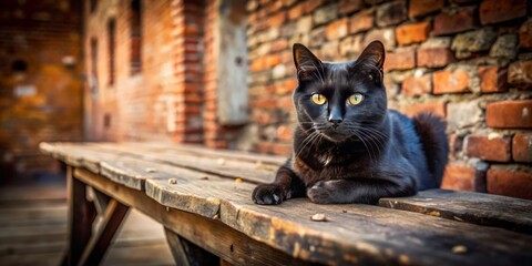 Black Cat Day View Bird's Eye: Decayed Wall, Wooden Table, Feline Rest