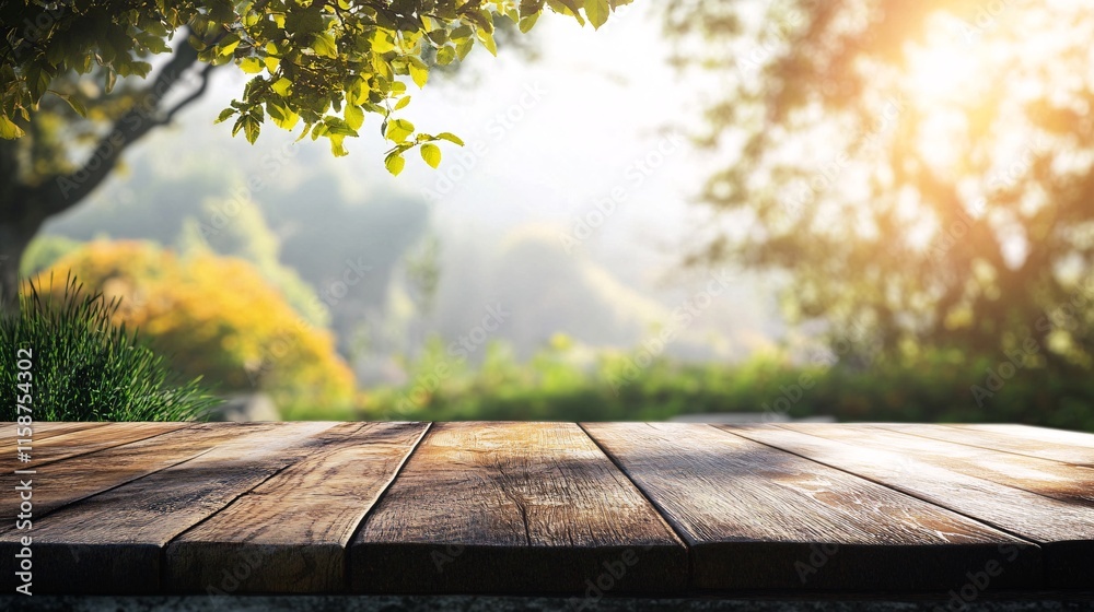 Aufkleber empty wooden table with blurred park background in sunny day
