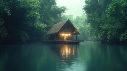 A floating house on a tranquil river surrounded by dense mangroves,