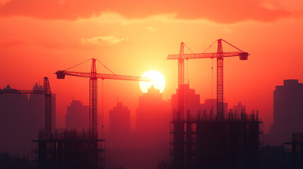 Sunset over construction site with cranes silhouetted against sky