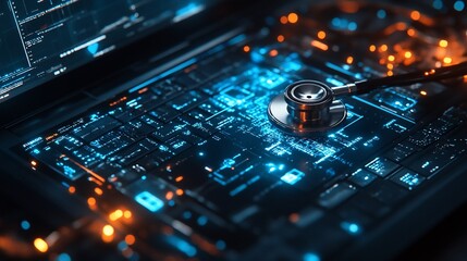 Obraz premium Stethoscope on laptop diagnostics, digital circuit board, glowing lines.