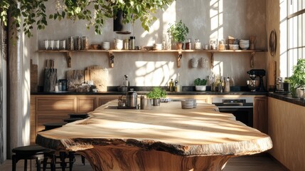 A rustic kitchen island with a live-edge countertop, surrounded by cozy decor and illuminated by natural sunlight.