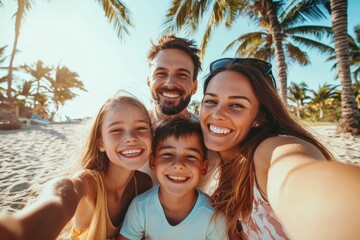 A cheerful family of four taking a selfie on a sunny tropical beach with palm trees in the background. Represents happiness, family bonding, and vacation memories in a serene setting.