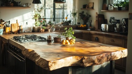 A rustic kitchen island with a live-edge countertop, surrounded by cozy decor and illuminated by natural sunlight.
