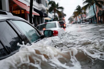 Fototapeta premium Urban street flooded with water, submerging cars during heavy rainfall. Depicts extreme weather, urban flooding, and the challenges of water management in cities.