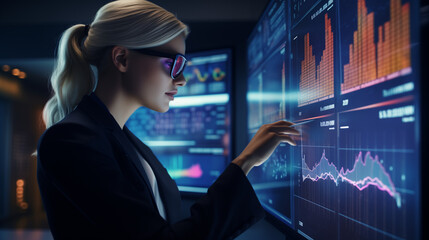 Fototapeta premium A business woman using augmented reality glasses to view holographic financial charts, futuristic office environment, glowing tech interface, dynamic lighting