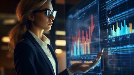 A business woman using augmented reality glasses to view holographic financial charts, futuristic office environment, glowing tech interface, dynamic lighting