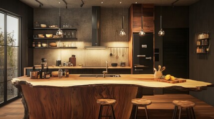 A stylish rustic kitchen with a central live-edge wood island, warm earthy tones, and soft natural lighting creating a cozy feel.