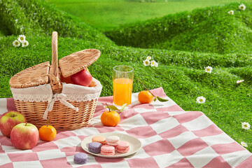 Template photo of spring picnic concept for advertisement design. Blank space on pink carpet for...