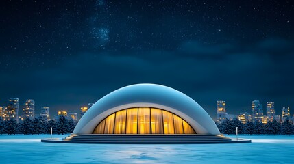Obraz premium Modern architectural dome structure illuminated in winter night scene
