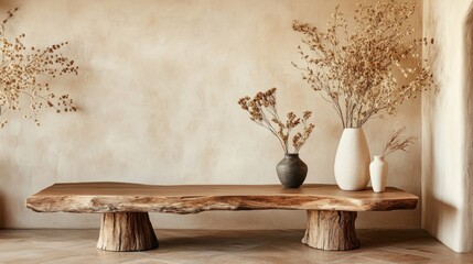 Minimalist farmhouse corner with a live-edge coffee table, wood log bench, and dried flowers in ceramic vases on a stucco wall backdrop.
