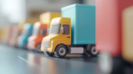Colorful toy trucks lined up on surface, showcasing vibrant designs and playful shapes. These miniature vehicles represent delivery services and logistics in fun way