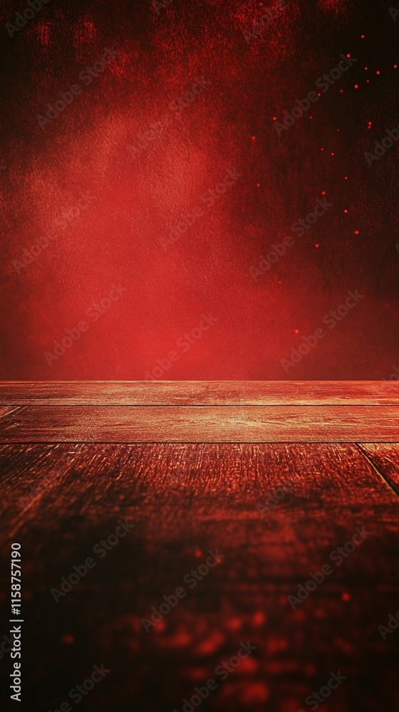 Poster Empty wooden table illuminating red background with particles