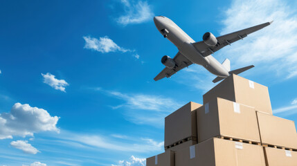 Efficient air cargo services with plane flying over stacked boxes, showcasing seamless logistics and transportation solutions