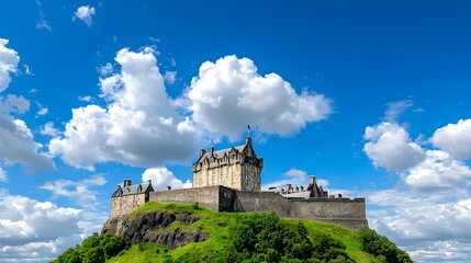 Fototapeta premium Majestic Edinburgh Castle on a Hill Under Bright Blue Sky