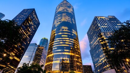 Obraz premium Modern skyscrapers at dusk in an urban city landscape