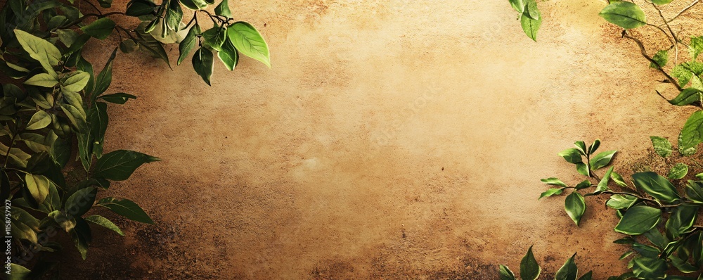 Poster Green leaves bordering a textured background creating copy space