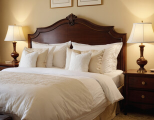 Luxury hotel room, classic bedroom interior. Bed with white plush bedding, wooden furniture
