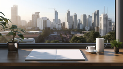 Mockup of a clean desk with a notepad and coffee overlooking a city skyline, featuring copy space for text