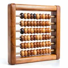 An old wooden abacus with colorful beads, set against a white background, ideal for historical, educational,