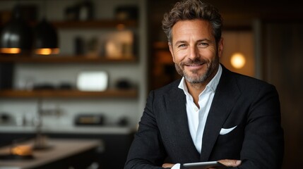 Smiling businessman in suit holding tablet.