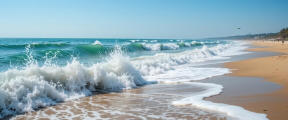 Fototapeta premium Scenic view of ocean waves crashing on sandy beach under clear skies.