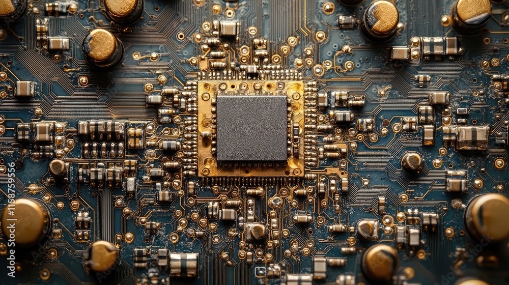 Poster a macro image of a microcontroller on a pcb surrounded by tiny surface-mounted components, 8k, reali